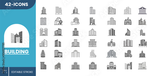 42 Building Icons Collection in Modern Vector Style for Architecture, Construction, Real Estate, Urban Planning, Infrastructure, Interior, and Exterior Design Projects.