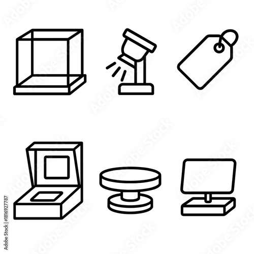 Collector Display Case. Display Shelf linear icon set. glass case, spotlight, collector tag, rotating stand, box packaging, label card