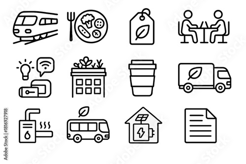 Sustainable Living Icons. Low Carbon Lifestyle linear icon set: train travel, veggie meal, eco label, shared workspace, smart lighting, rooftop garden, reusable cup, emission-free