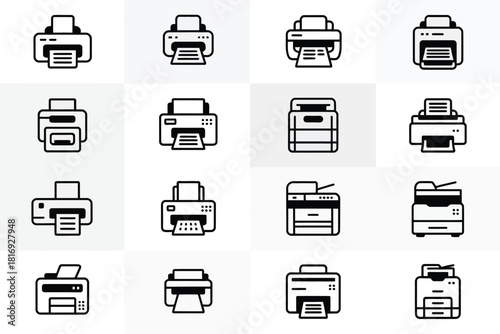 Collection of simple outline icons representing various types of printers and copiers