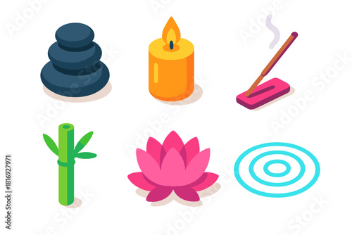 Zen Icon Harmony. Serenity Zen flat icon set: Zen Stones, Candle, Incense, Bamboo, Lotus, Water Ripple