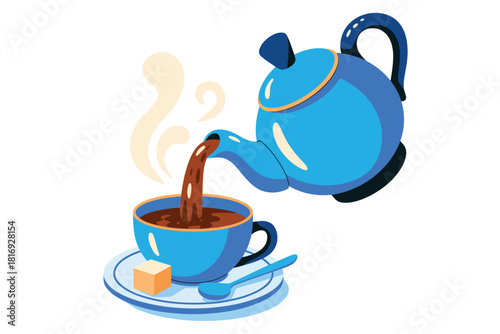Blue teapot pouring hot coffee into a cup with steam rising