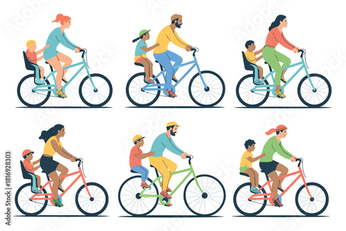 Diverse families enjoying bicycle rides together outdoors
