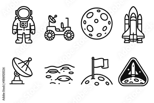 Lunar Exploration Icons. Lunar Exploration Set linear icon set: astronaut, lunar rover, moon surface, space shuttle, satellite dish, crater landscape, flag on moon, mission patch