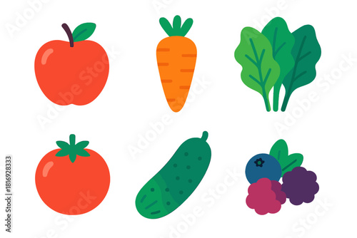 Vibrant Fresh Produce. Fresh Foods Set flat icon set: apple, carrot, leafy greens, tomato, cucumber, berries