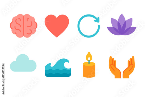 Mindfulness Icon Set. Calm Mind flat icons set. brain, heart, breathing circle, lotus flower, candle, cloud, gentle wave, open hands