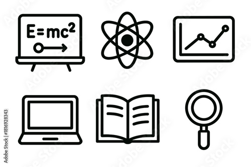Scientific Icons Grid. Research & Discovery linear icon set. equation board, atom symbol, graph line, computer, book, magnifying glass