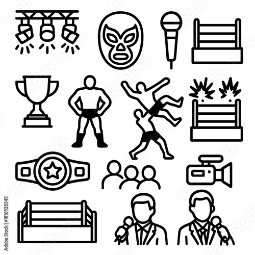 Wrestling Icons Showcase. Professional Wrestling linear icon set. stage lights, mask, microphone, ring ropes, trophy, wrestler silhouette, action pose, pyrotechnics, belt, audience