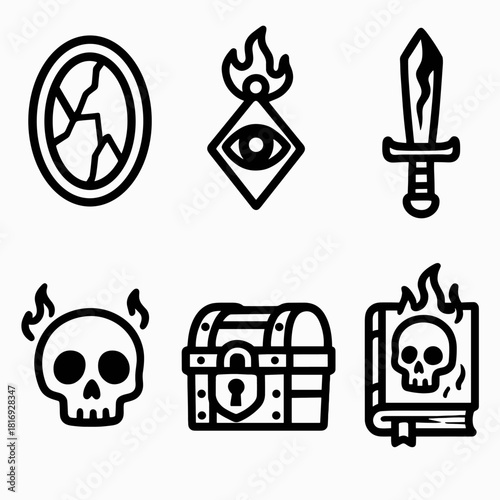 Cursed Artifacts Icons. Cursed Objects linear icon set. broken mirror, dark talisman, haunted dagger, glowing skull, sealed chest, forbidden grimoire