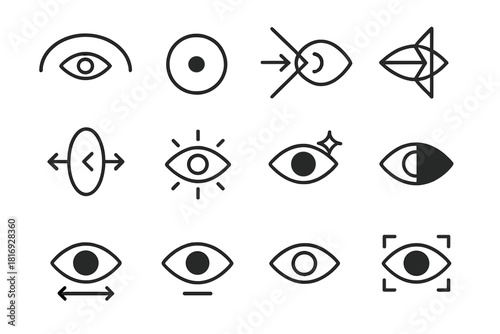 Optical Function Symbols. Optical Function Pack linear icon set: peripheral vision arc, focal point dot, light beam entry, refraction arrow, lens curvature, clarity symbol