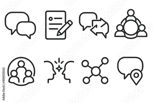 Collaborative Icons. Collaborative Conversation Spaces linear icon set: group bubble, shared notes, dialogue arrows, roundtable icon, community circle, idea exchange spark