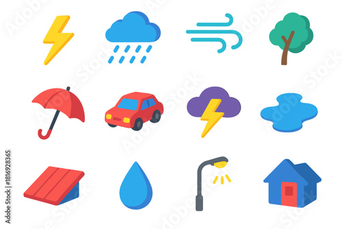 Stormy Weather Icons. Stormy weather flat icons set. lightning, heavy rain, wind, tree, umbrella, car, cloud, thunder, puddle, roof, droplet, streetlight