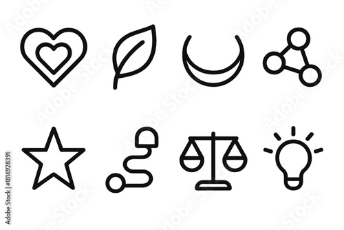 Workforce Diversity Icons. Workforce Diversity Concepts linear icon set: belonging heart, respect leaf, harmony curve, connection line, opportunity star, fairness path, balance