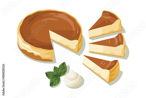 Delicious caramel cheesecake with slices and fresh mint garnish