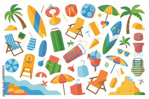 Vibrant summer beach vacation elements collection with palm trees and ocean waves