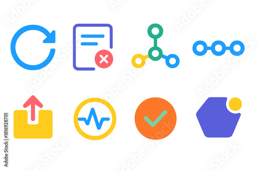 Minimalistic Reset Icons. Operational Reset Elements flat icon set: refresh cue, issue log card, restore hub icon, stable flow line, corrective step box, sync pulse, data