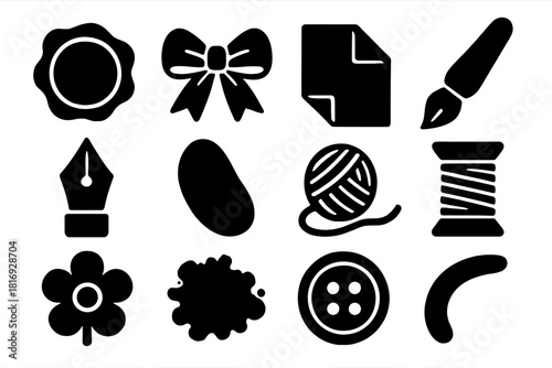 Brutalist Icon Set. Charming Creations silhouette icon set : wax stamp, ribbon knot, folded paper, paintbrush, ink pen, handmade label, wool thread, thread spool, paper flower