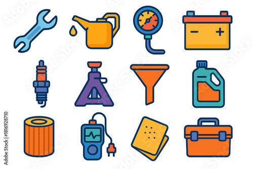 Car Maintenance Essentials. Car Maintenance Set flat icon set: wrench, oil can, tire pressure gauge, battery, spark plug, jack stand, funnel, coolant bottle, filter, diagnostic