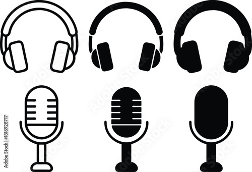 Podcast Recording Streaming Music Headphone Microphone Audio Vector Silhouette and Pictogram..eps