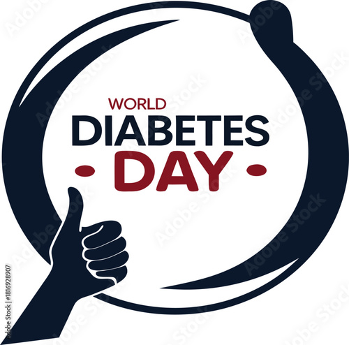 World Diabetes Day vector emblem with a thumb up gesture and awareness ribbon for health campaigns.