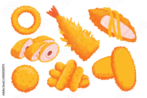 Assortment of crispy golden fried seafood and vegetable appetizers