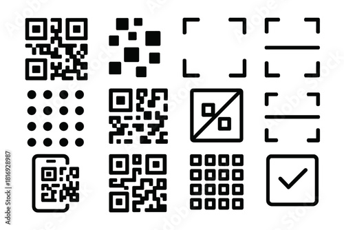 QR Code Iconography. QR Technology Set linear icon set: patterned square, pixel mosaic, scanning border, code frame, dot array, compact tile, diagonal marker, scan beam, mobile