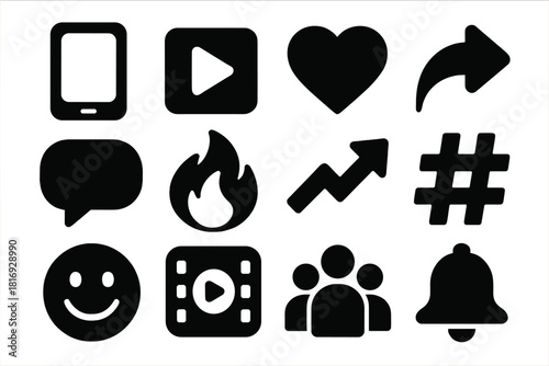 Bold Social Media Icons. Social Viral Content silhouette icon set. smartphone, play button, heart icon, share arrow, chat bubble, fire icon, trending arrow, hashtag, emoji face
