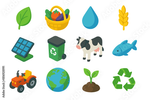 Sustainable Icons Collection. Sustainable Food Systems Icons flat icons set. leaf, basket of produce, water droplet, wheat, solar panel, compost bin, cow, fish, tractor, globe