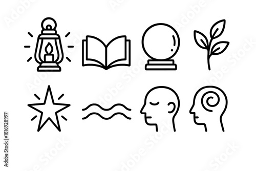 Wisdom Icons Row. Inner Wisdom linear icon set: glowing lantern, open book arc, reflective orb, steady branch, guiding star, calm wave, thoughtful bead, insight curve