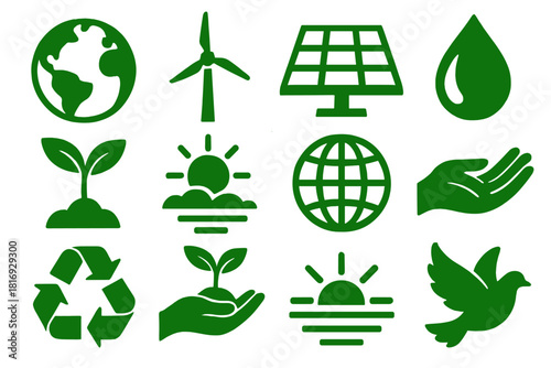 Sustainable Peace Icons. Global Awareness for Peace – Sustainable Future silhouette icon set: green earth, wind turbine, solar panel, water droplet, tree sapling, clean sky, global