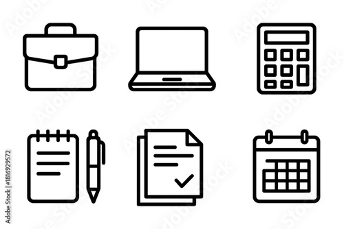 Business Essentials Icons. Business Essentials linear icon set: briefcase, laptop, calculator, notepad, pen, clipboard, document stack, calendar