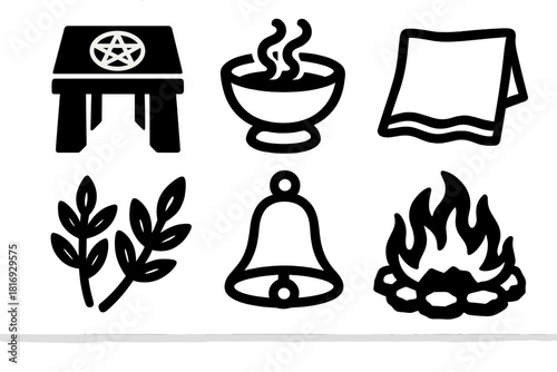 Brutalist Ritual Icon Set. Ritual Elements silhouette icon set: altar, offering bowl, white cloth, herbs, bell, fire circle