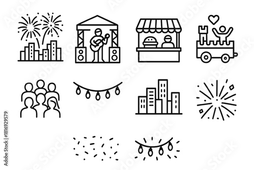 Festival Icons Outline. City Festival Set linear icon set: fireworks, music stage, street food stand, parade float, crowd silhouettes, string lights, city skyline, confetti burst