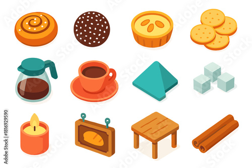 Swedish Fika Icons. Swedish Fika flat icons set. kanelbulle bun, chokladboll truffle, almond tart, small cookies, coffee carafe, cup and saucer, napkin, sugar cubes, cozy candle