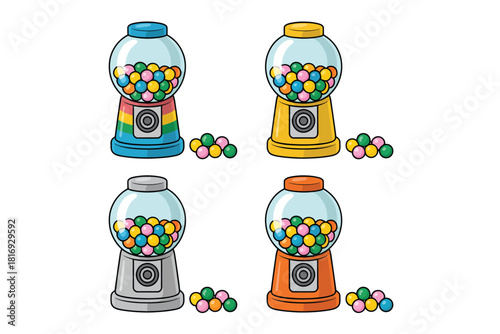 Four colorful vintage gumball machines filled with candy and scattered sweets