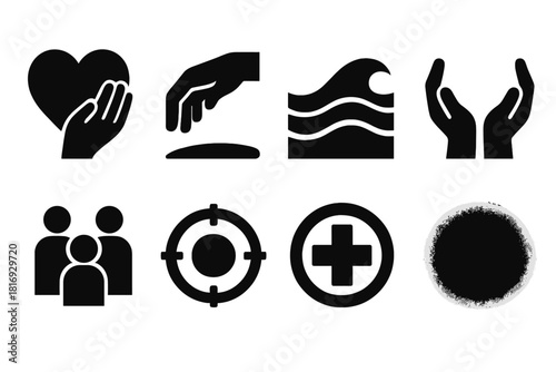 Brutalist Nurse Icons. Nurse themes silhouette icon set: compassion heart, steady hand, calm wave, helping gesture, teamwork symbol, focus ring, wellness icon, soft glow