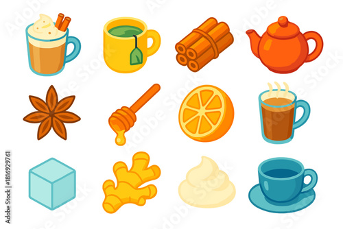 Warm Drink Icons. Warm Seasonal Drinks flat icons set. spiced latte, herbal infusion, cinnamon bundle, teapot, star anise, honey spoon, citrus slice, steaming glass, sugar cube