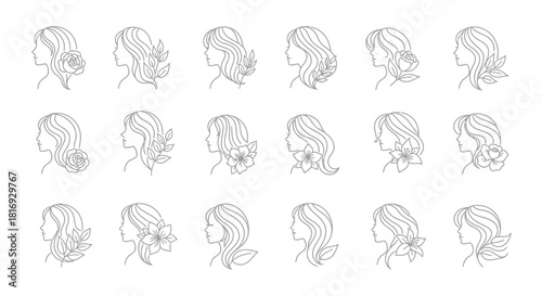 Collection of woman's side profile with floral elements showcases elegance and beauty