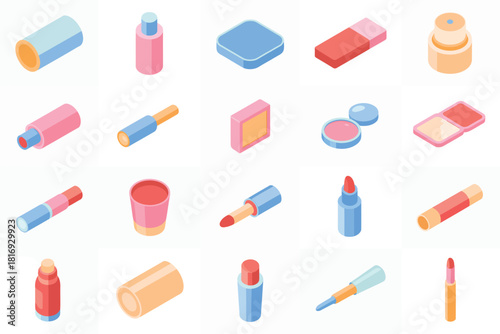 Collection of isometric makeup and cosmetic products in pastel colors