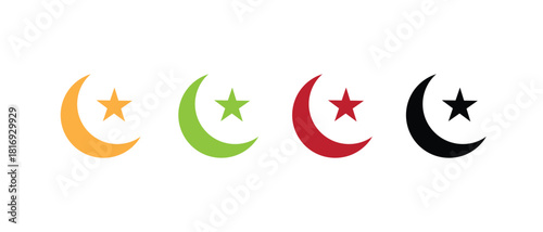 Colorful crescent and star Islamic symbol set - stock vector.
