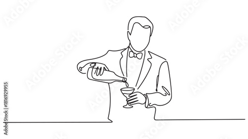 Continuous Line Drawing of Bartender Pouring Drink From Bottle to Glass Minimalist Design One Line Artwork
