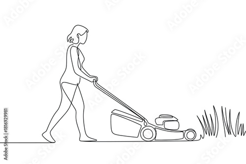 Woman pushing a lawnmower in a simple line drawing style