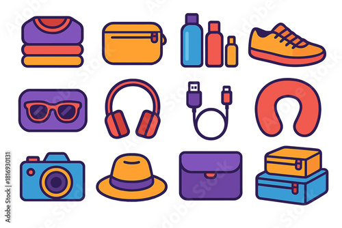 Travel Packing Essentials. Packing Essentials flat icon set: folded clothes, toiletry bag, travel bottles, shoes, sunglasses case, headphones, charger cable, travel pillow, camera