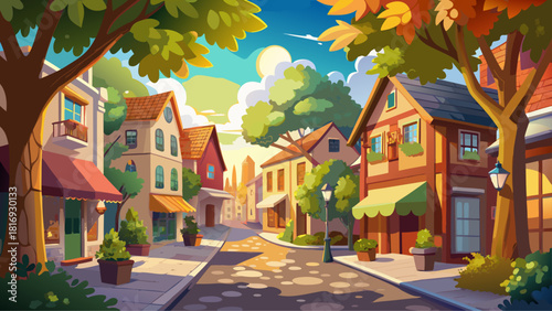 Very beautiful sunny street scene in a small town, lined with charming buildings, leafy trees, and warm natural light, creating a peaceful and inviting atmosphere full of rustic and cozy charm.