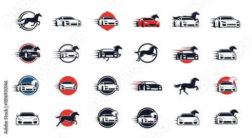 Collection of stylized car logos featuring automotive speed and dynamic equine imagery