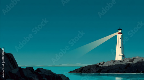 Minimalist seaside lighthouse illustration with white beacon on rocky coastline