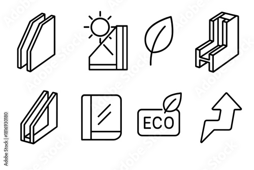 Eco Glass Icon Series. Eco Glass Solutions linear icon set: triple-pane glass, sunlight beam, leaf icon, thermal barrier, window cross-section, reflective tint, eco label, energy