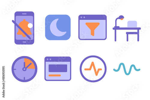 Minimal Tech Icons. Low-Distraction Tech Use flat icon set: muted alerts, do-not-disturb moon, distraction filter icon, clean desk line, focus timer, simplified layout, calm pulse