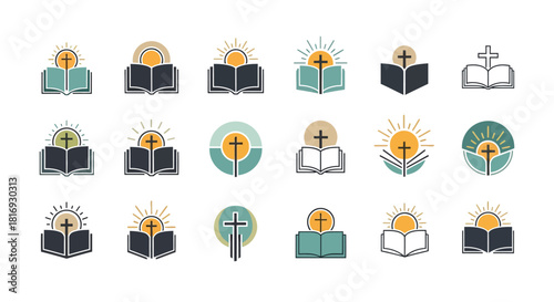 Collection of minimal christian faith logos featuring cross and bible elements graphic design