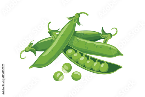 Fresh green pea pods with peas on white background